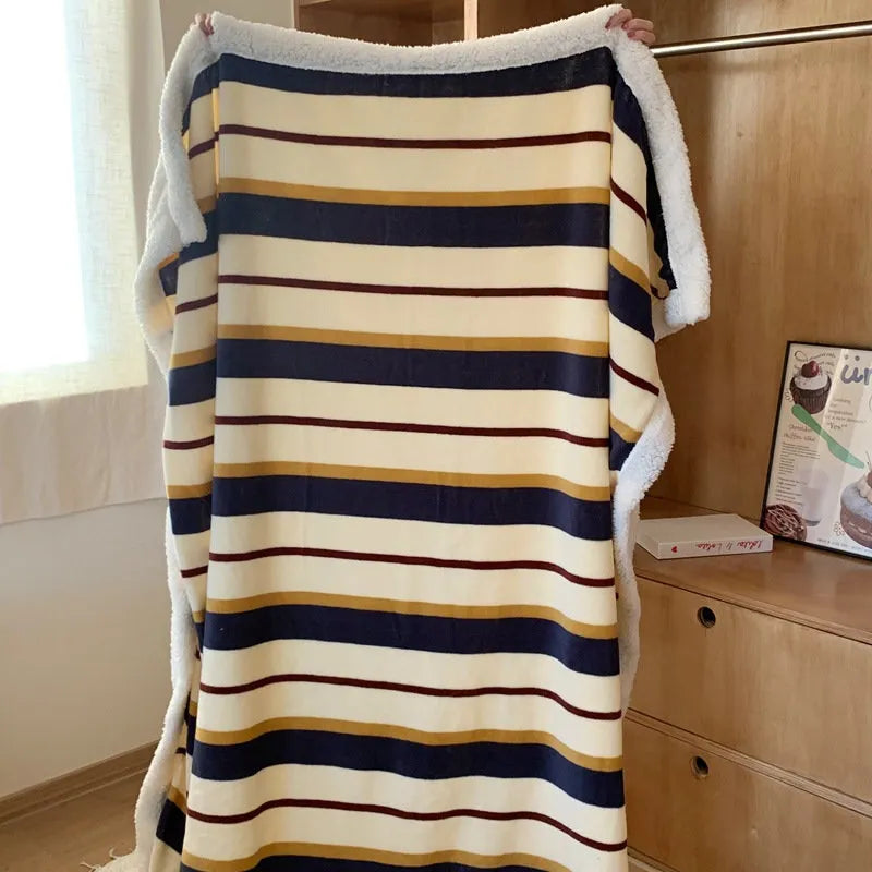 Striped flannel fleece sherpa blanket with soft cozy texture – RoomDen