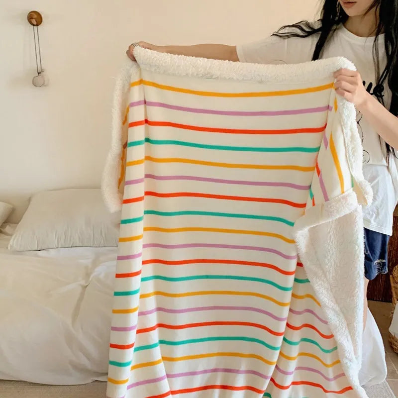 Cozy Striped Flannel Fleece Sherpa Blanket