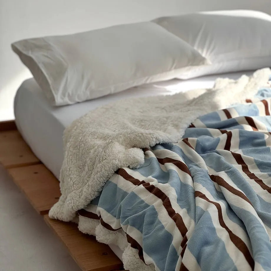 Striped flannel fleece sherpa blanket with soft cozy texture – RoomDen