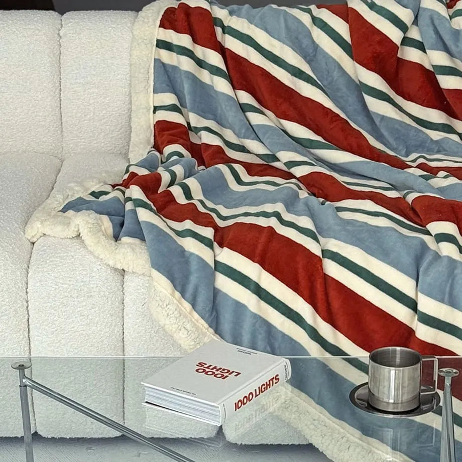 Striped flannel fleece sherpa blanket with soft cozy texture – RoomDen