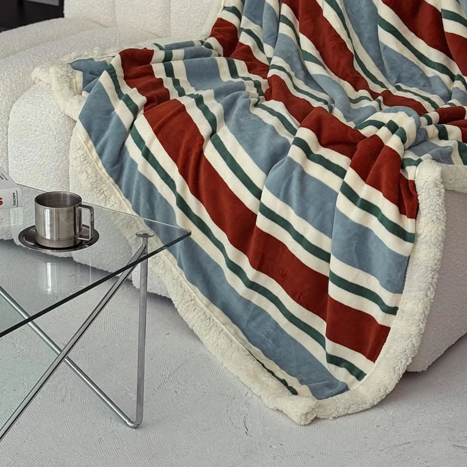 Striped flannel fleece sherpa blanket with soft cozy texture – RoomDen