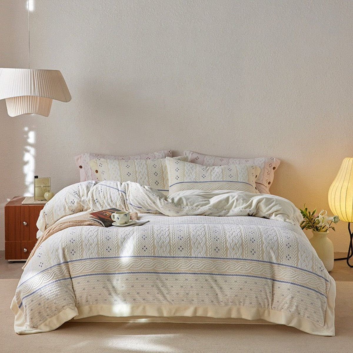Alcott Braided Cable Velvet Bedding Set - complete ivory set - Roomden