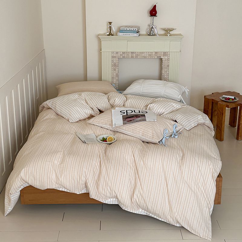 Washed Cotton Bow-Tie Pinstripe Bedding Set - Cream
