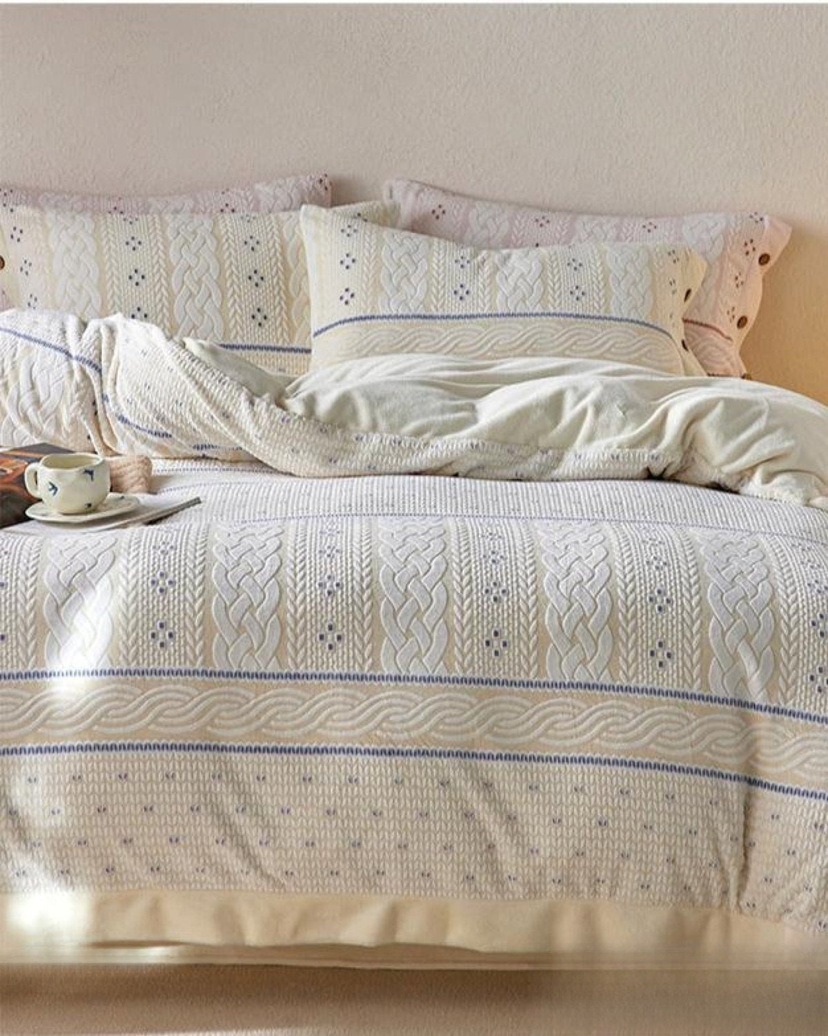 Alcott Braided Cable Velvet Bedding Set - full ivory view 2 - Roomden