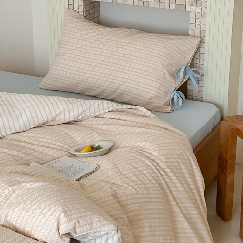 Washed Cotton Bow-Tie Pinstripe Bedding Set - Cream