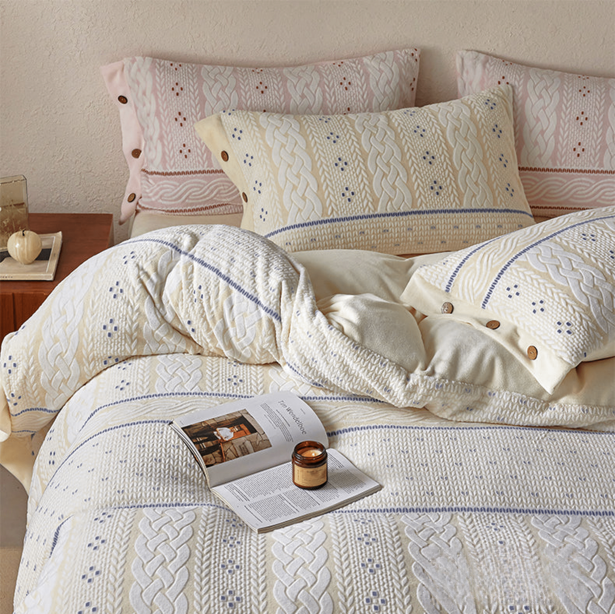 Alcott Braided Cable Velvet Bedding Set - full ivory view 3 - Roomden