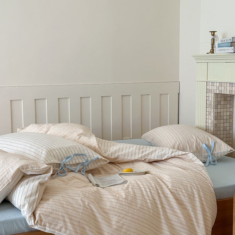 Washed Cotton Bow-Tie Pinstripe Bedding Set - Cream