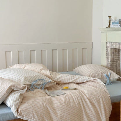 Washed Cotton Bow-Tie Pinstripe Bedding Set - Cream