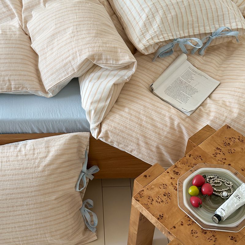 Washed Cotton Bow-Tie Pinstripe Bedding Set - Cream