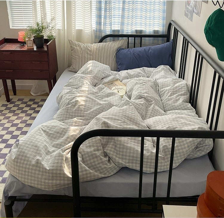 Astrid Gingham Washed Cotton Bedding Set - Powder Blue