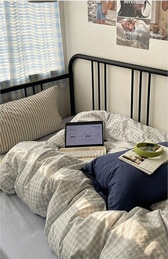 Astrid Gingham Washed Cotton Bedding Set - Powder Blue