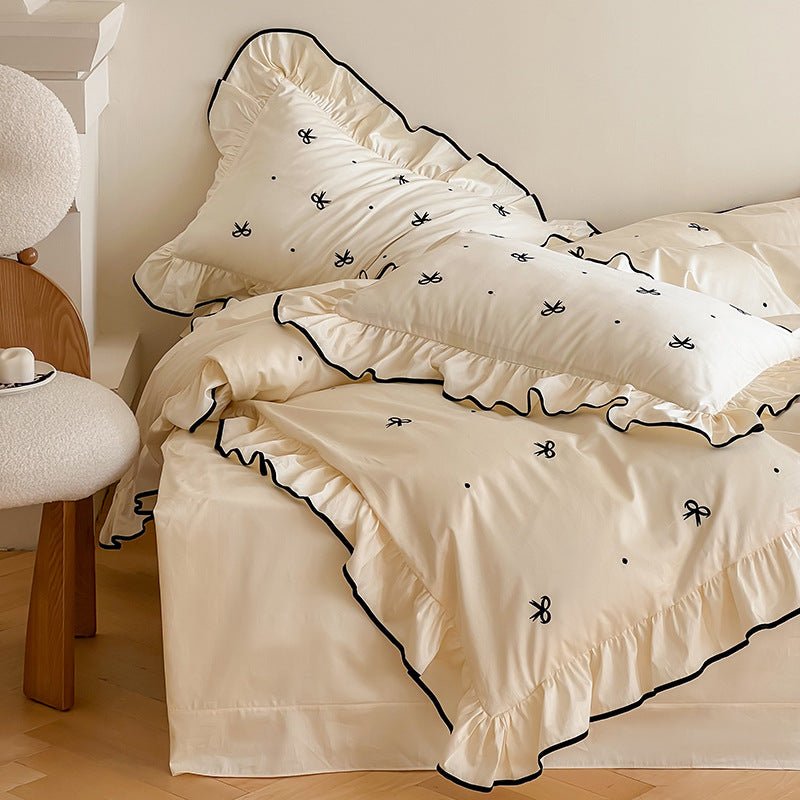 Perrine Ribbon-Embroidered Cotton Bedding Set - Golden Champagne
