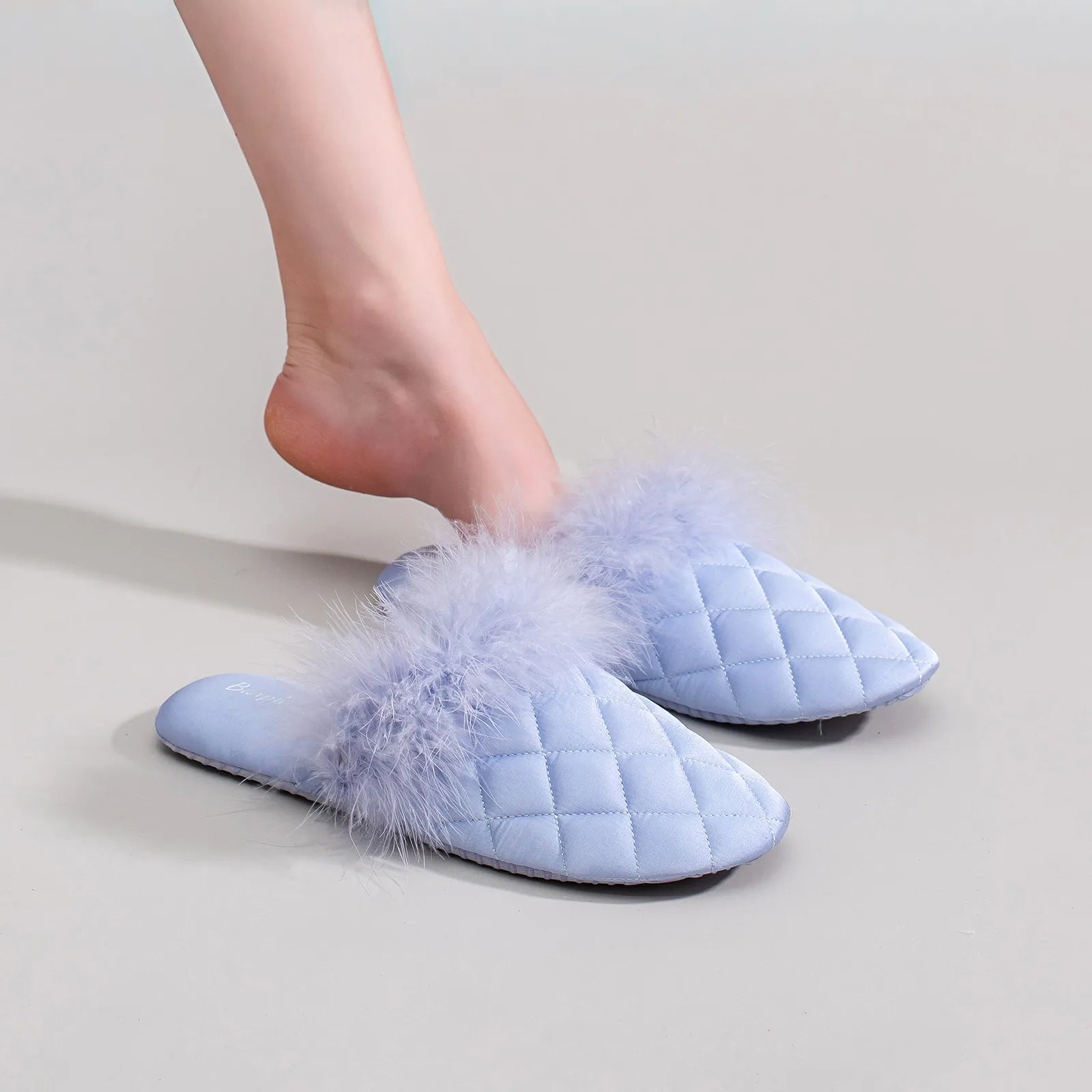 Baby blue satin house slippers with fluffy trim on legs - RoomDen