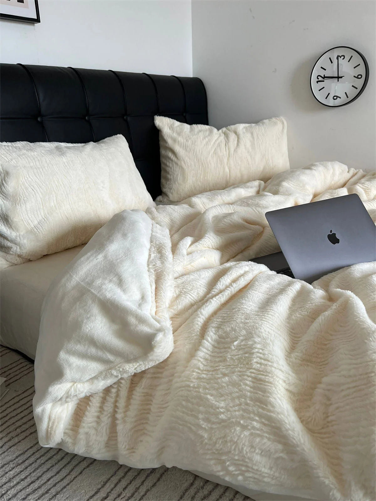 A Creamy White ruched flannel fleece duvet cover and pillows, creating a warm and neutral bedroom aesthetic. - RoomDen