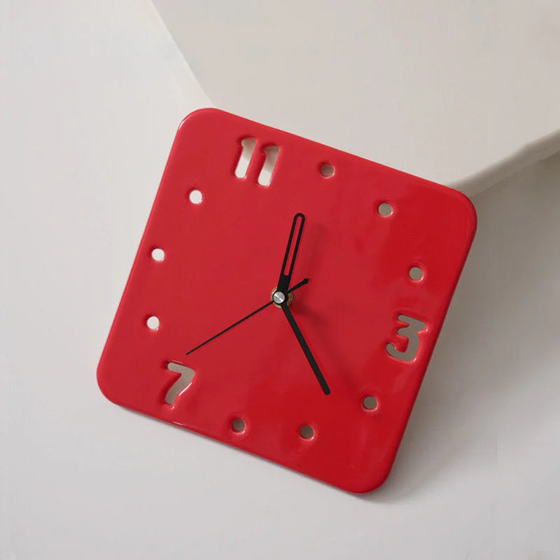 Cherry Red Minimalist Cutout Ceramic Table Clock on a white surface - RoomDen.
