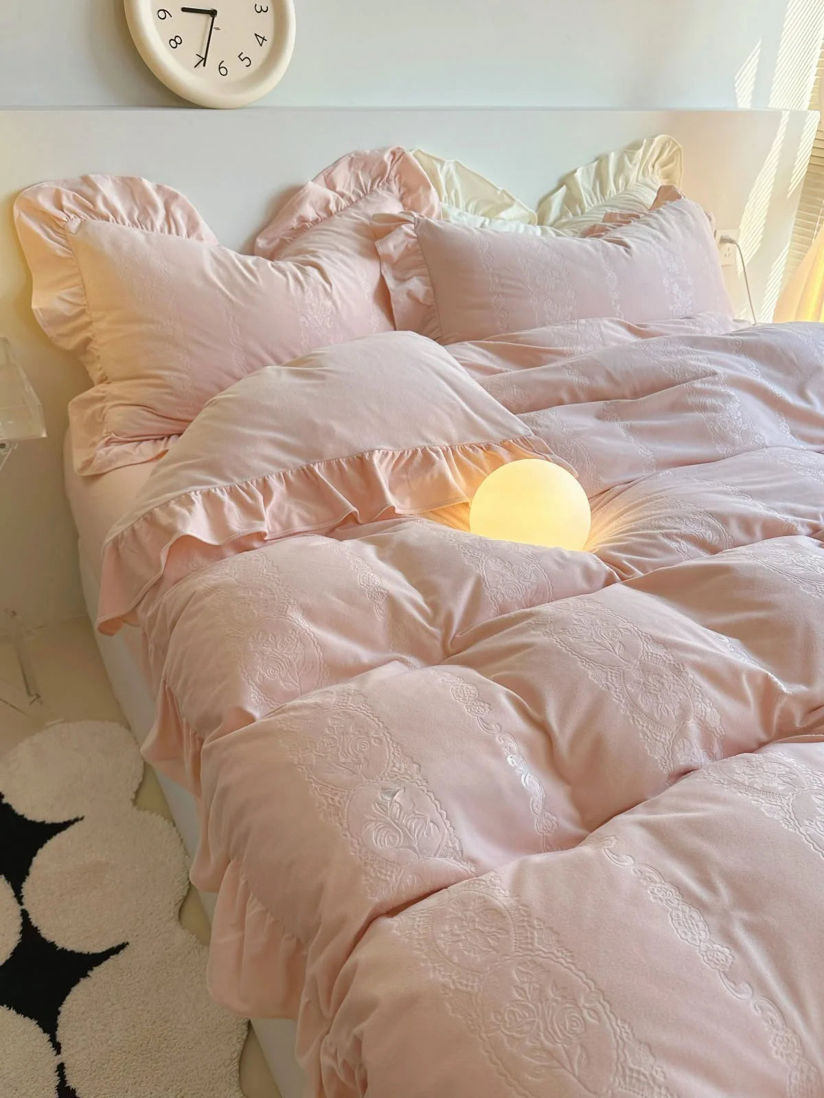 Plush Ruffled Jacquard Velvet Bedding Set in Blush Pink, creating a warm and romantic ambiance. - RoomDen