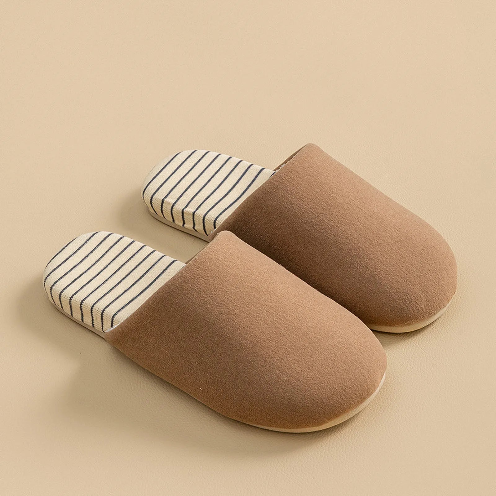 Side profile of brown cotton house slipper showcasing warm jersey texture