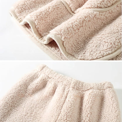 Close-up details of the Creamy Beige Fleece Pajama Set, showing the piped pocket edge and elastic waistband.