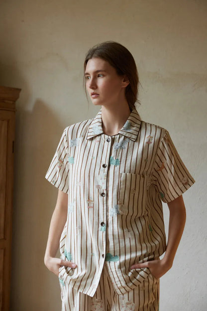 RoomDen Beige Striped Double Gauze Pajamas with Animal Motifs - Short Sleeve