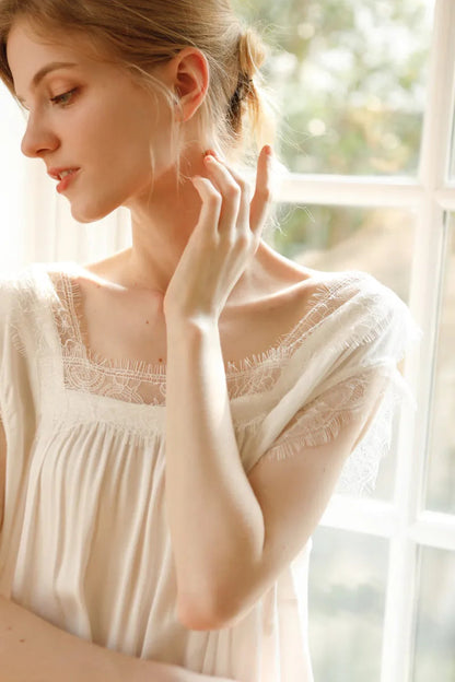 RoomDen White Lace Trim Cotton Sateen Pajama Dress - Front View Close Up