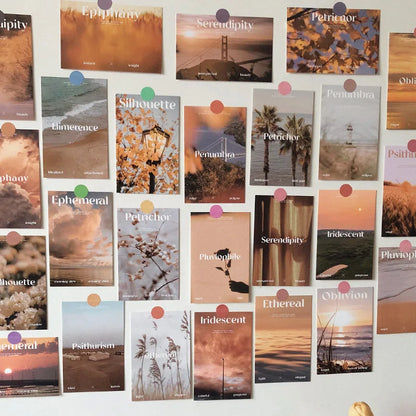 A curated gallery wall featuring the Sunset Hues Poetic Photo Wall Collage Kit with warm, dreamy nature photography and evocative words - RoomDen.