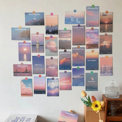 Ethereal Sunset Word Art Wall Collage Kit displayed on a white wall in a grid layout - RoomDen