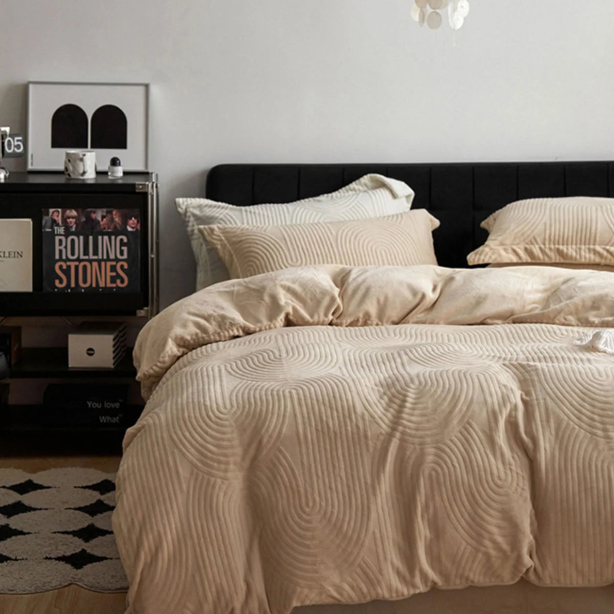Bed styled with the Latte Beige Plush Wavy Arch Flannel Fleece Bedding Set in a bright, modern room. - RoomDen