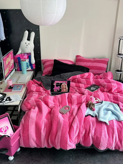 RoomDen Plush Wide Striped Flannel Fleece Bedding Set in Hot Pink - Y2K Style