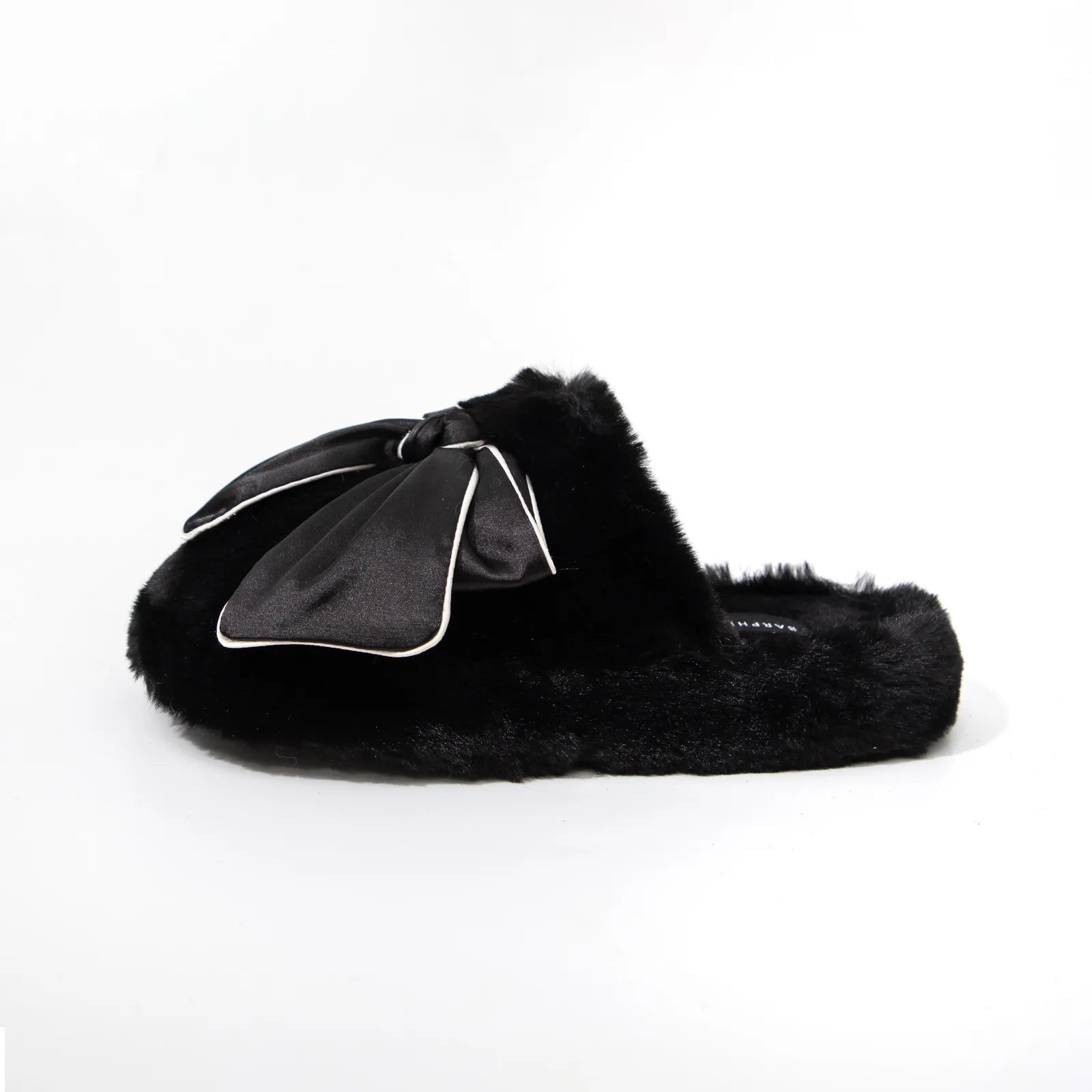 Black Satin Bow Faux Fur Slipper side view - RoomDen