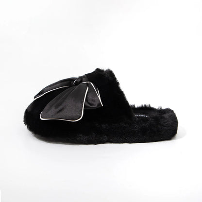 Black Satin Bow Faux Fur Slipper side view - RoomDen