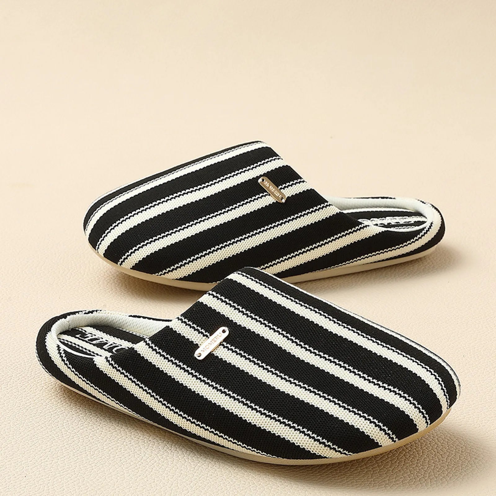 Isolated view of Black Striped House Slippers pair - RoomDen