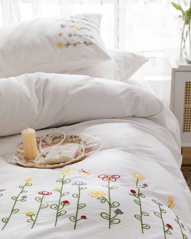 Marbella Embroidered Floral Cotton Bedding Set - Wildflower Vine