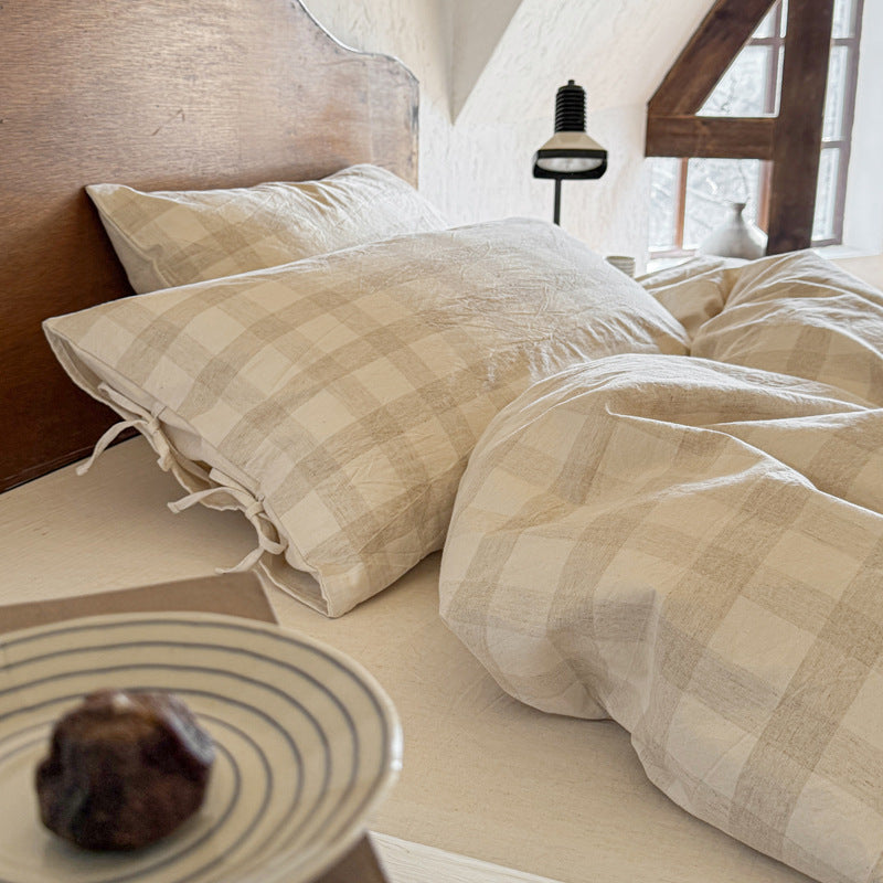 Ashfield Ivory Checkerboard Bedding Set – Close-up of a pale checkerboard pillow - Roomden