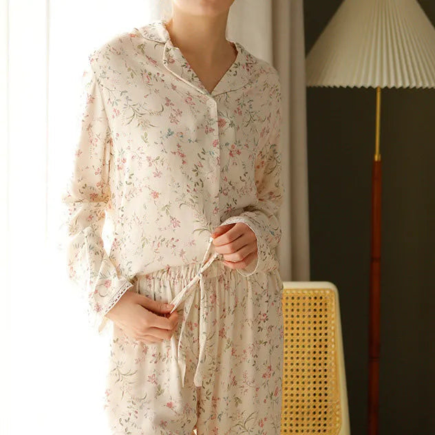 Cottagecore Aesthetic Beige Floral Pajamas Standing Pose Soft Lighting - RoomDen