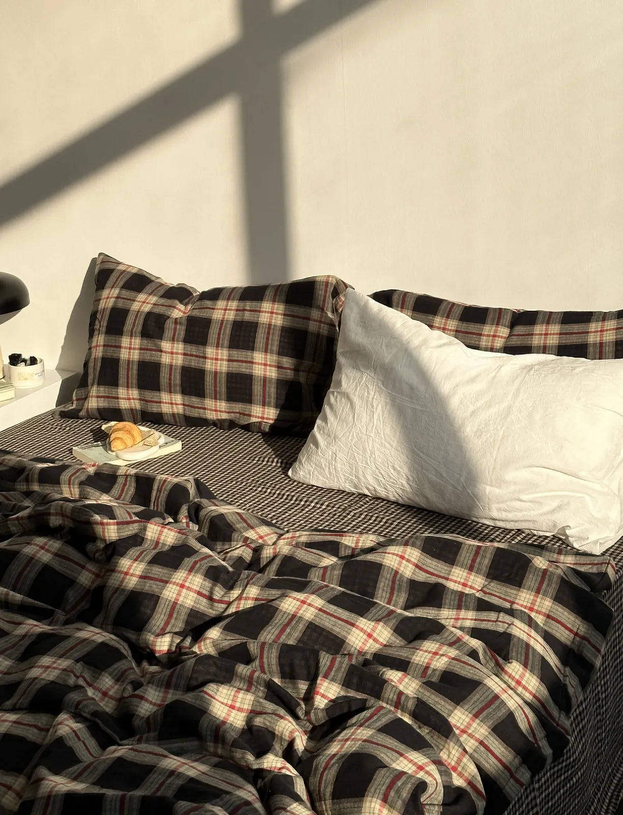 Full view of the Textured Tartan Plaid & Gingham Washed Cotton Bedding Set in a sunlit room - RoomDen.