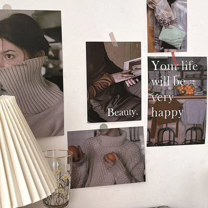 A close-up of a wall decorated with a vintage film aesthetic collage kit, with a pleated lamp in the foreground. - RoomDen