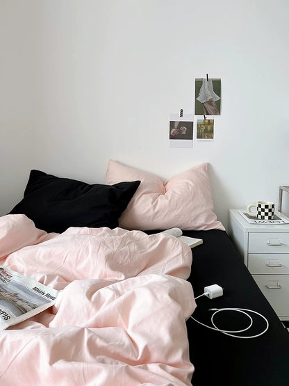 Washed Cotton Color-Block Bedding Set - Cream + Black