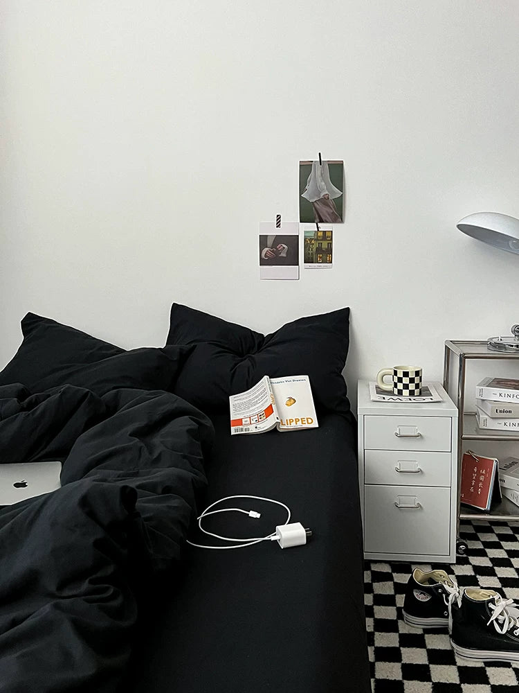 Washed Cotton Color-Block Bedding Set - Classic Black