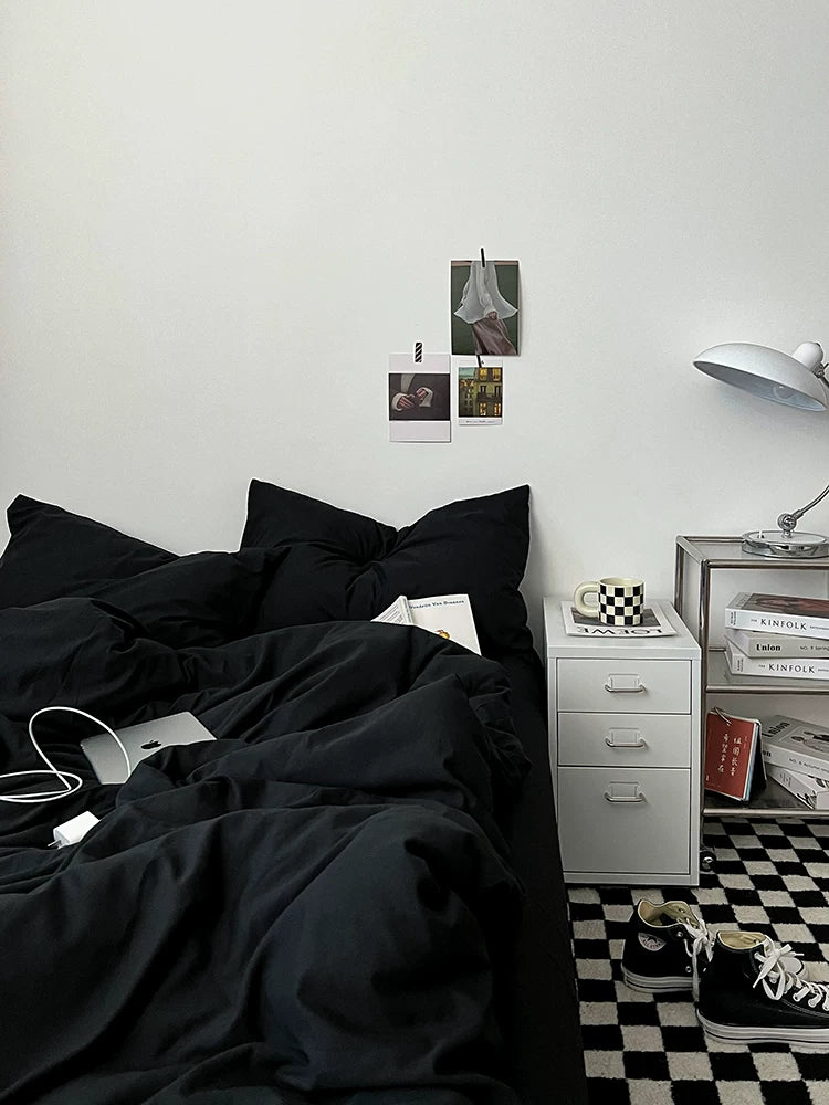 Washed Cotton Color-Block Bedding Set - Classic Black
