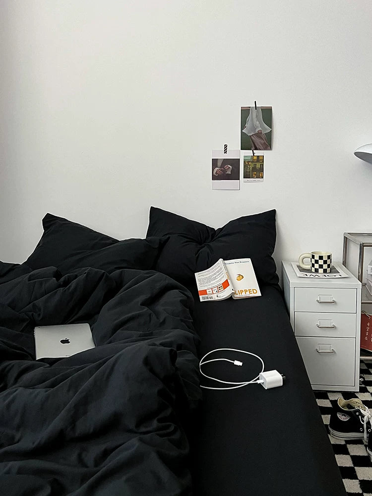 Washed Cotton Color-Block Bedding Set - Classic Black