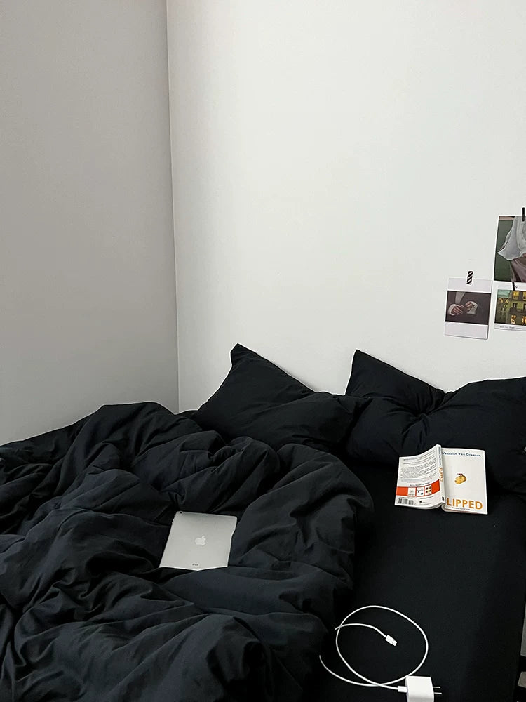 Washed Cotton Color-Block Bedding Set - Classic Black