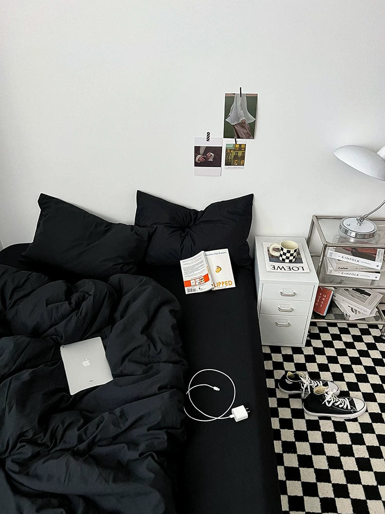 Washed Cotton Color-Block Bedding Set - Classic Black
