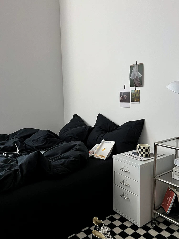 Washed Cotton Color-Block Bedding Set - Classic Black