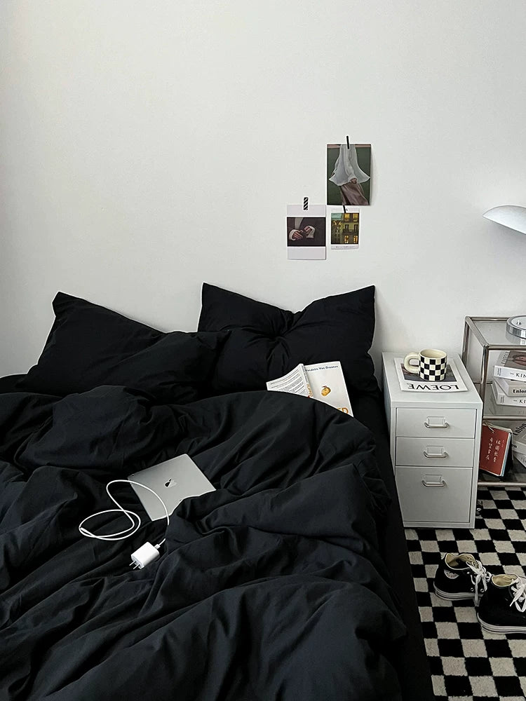 Washed Cotton Color-Block Bedding Set - Classic Black