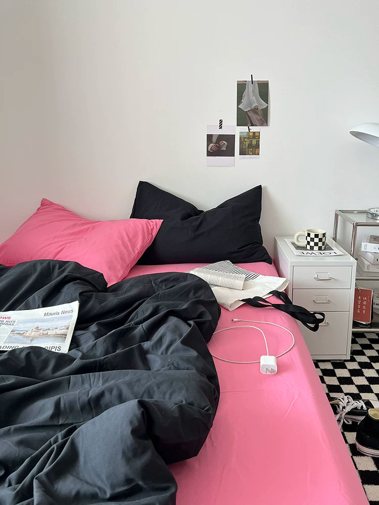 Washed Cotton Color-Block Bedding Set - Black + Rose Pink
