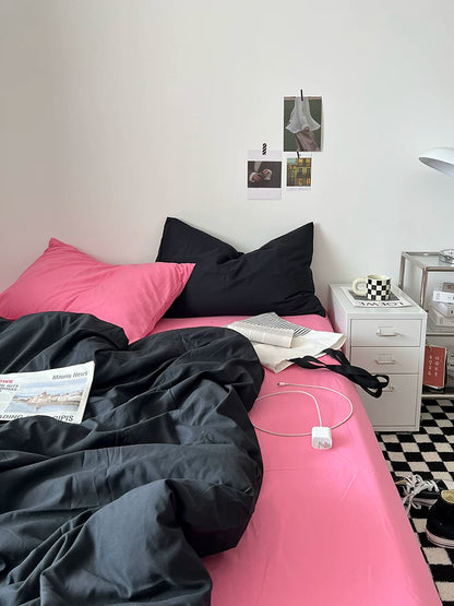 Washed Cotton Color-Block Bedding Set - Black + Rose Pink