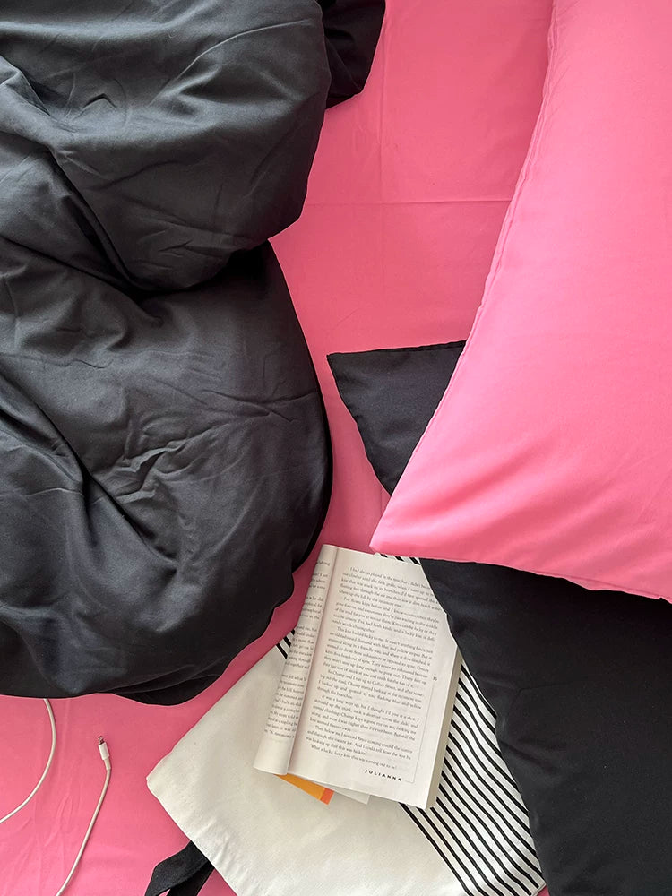 Washed Cotton Color-Block Bedding Set - Black + Rose Pink