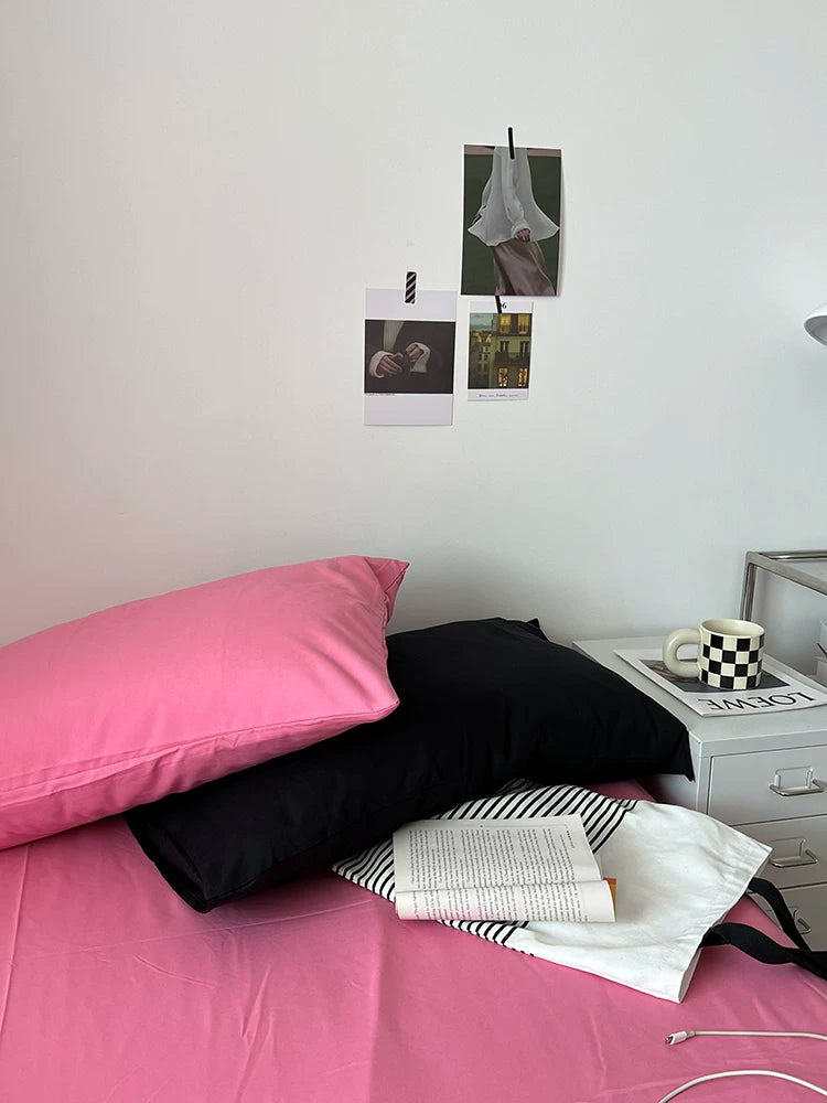 Washed Cotton Color-Block Bedding Set - Black + Rose Pink