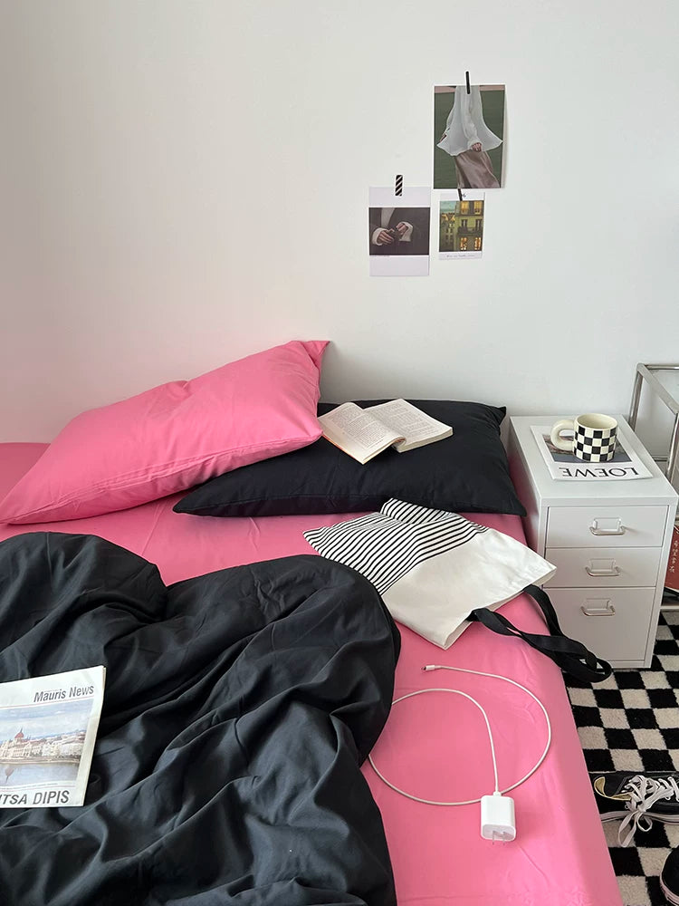 Washed Cotton Color-Block Bedding Set - Black + Rose Pink