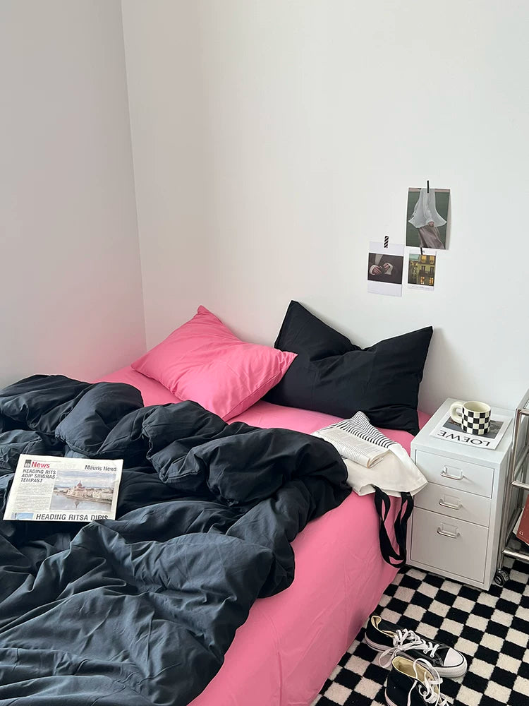 Washed Cotton Color-Block Bedding Set - Rose Pink + Black